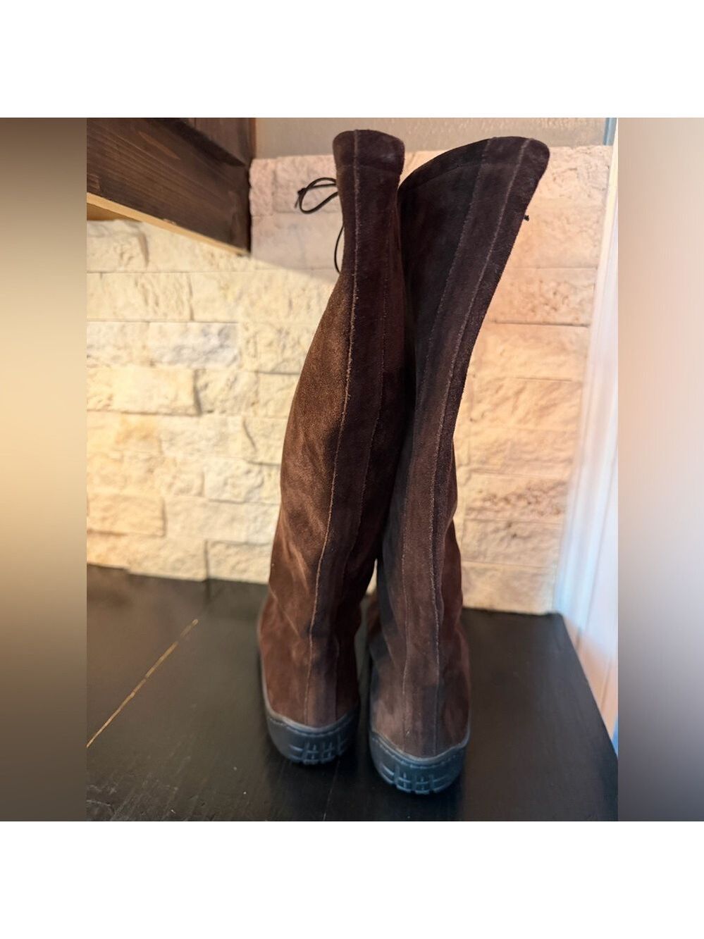 Ralph Lauren Tall Suede Boots Brown Rubber Soles Knee High Leather Tie 8.5 B - Picture 6 of 10